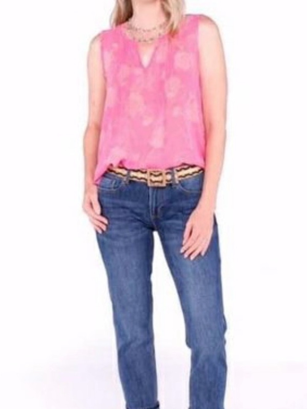 CAbi Pink Floral Corsage Pin-Tuck Sleeveless Top